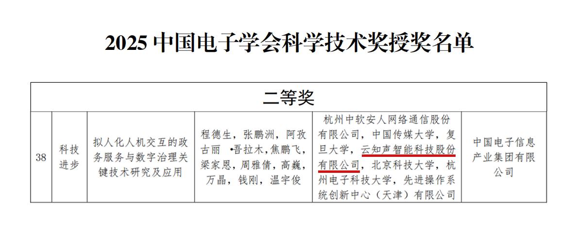 以AI创新驱动政务服务升级云知声荣获2025中国电子学会科技进步奖二等奖(图1)